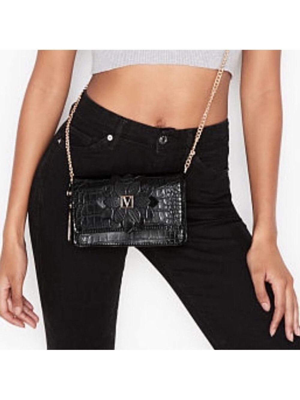 Victoria's Secret Black Crocodile Embossed Faux Leather Crossbody Bag NWT